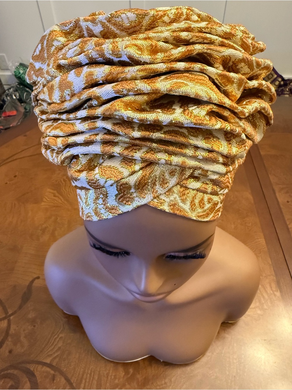 Gold Floral Jacquard Turban Headwrap